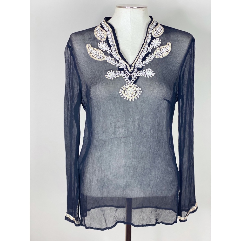 ANNE CARSON Silk Sheer Beaded Tunic Blouse
